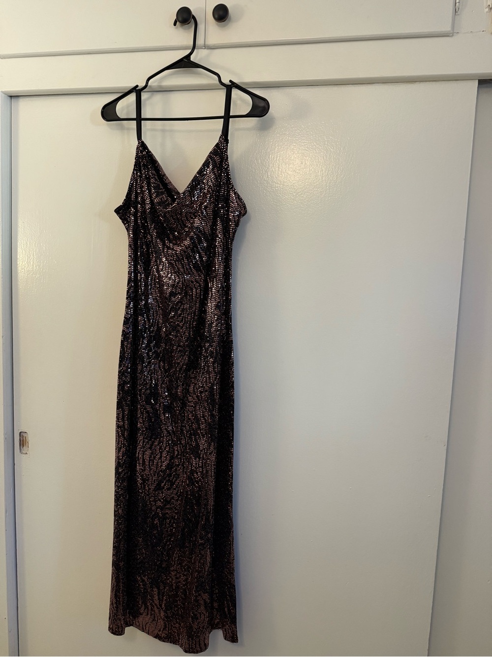 bebe Rose Gold and Black Sequin Maxi Slip Dress